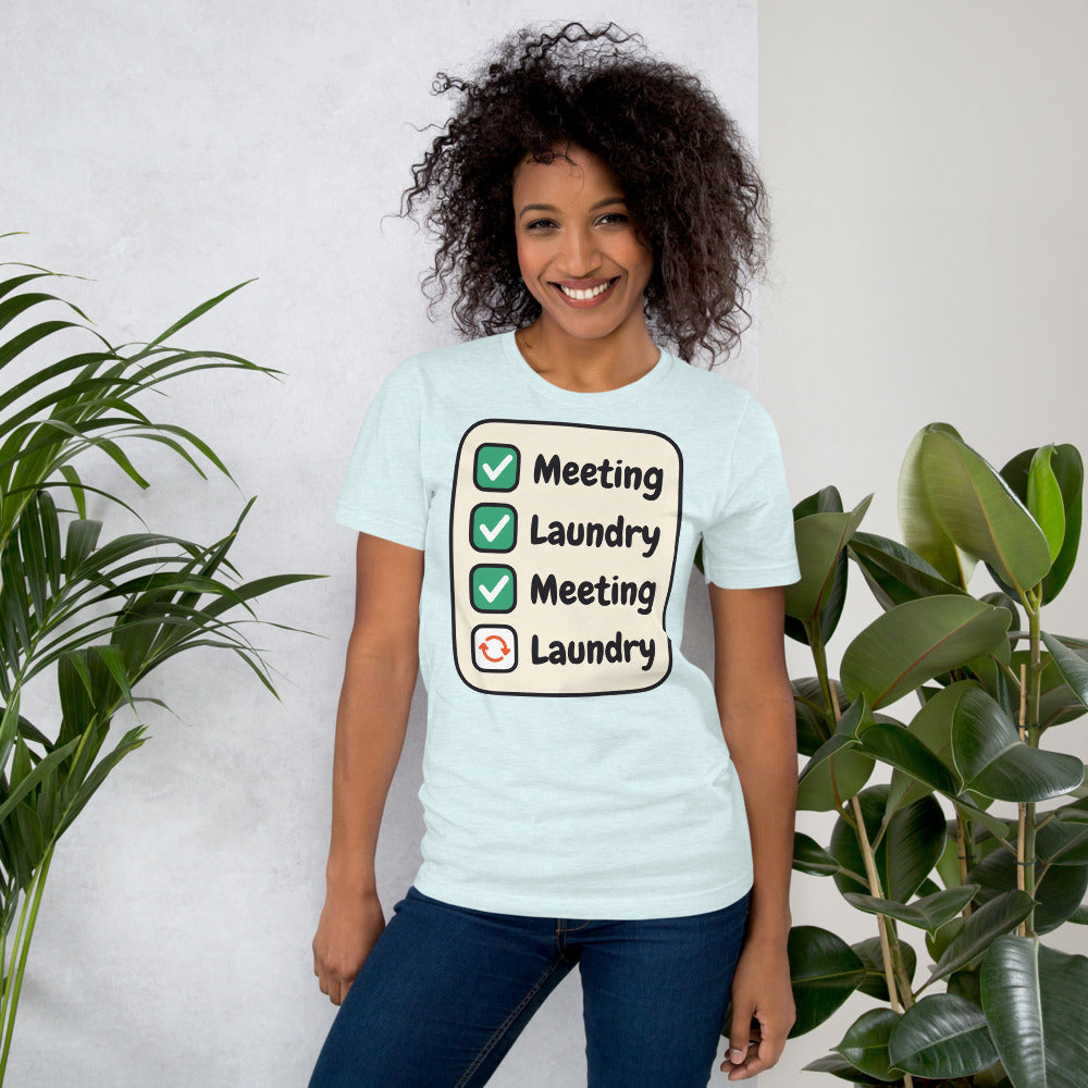 Meeting Laundry funny work from home unisex t-shirt — Heather Ice Blue, on model