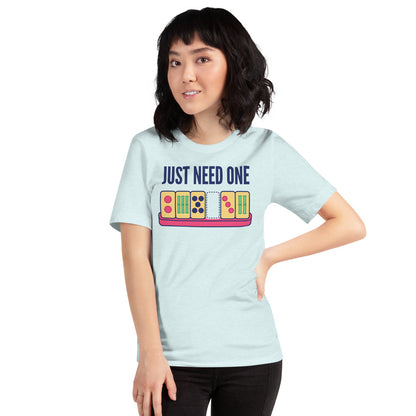 Just Need One funny mahjong tee — Heather Ice Blue, on model