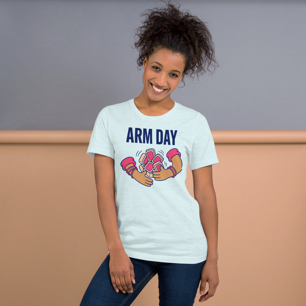 Arm Day funny mahjong tee — Heather Ice Blue, on model