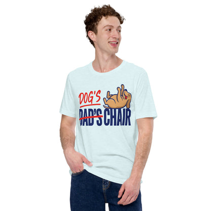 Dog's Chair funny dog dad tee — Heather Ice Blue, on model