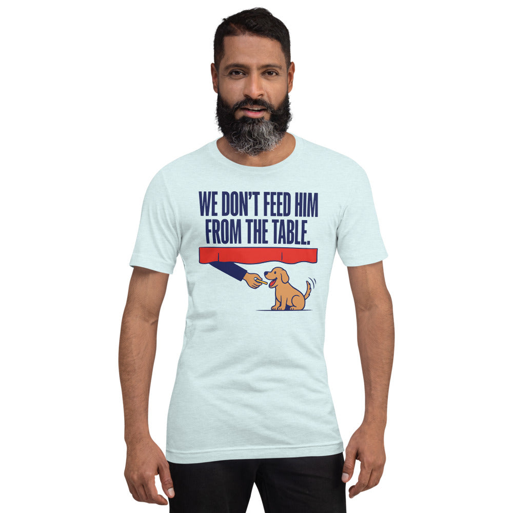 From The Table funny dog dad tee — Heather Ice Blue, on model