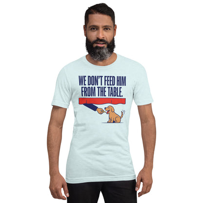 From The Table funny dog dad tee — Heather Ice Blue, on model
