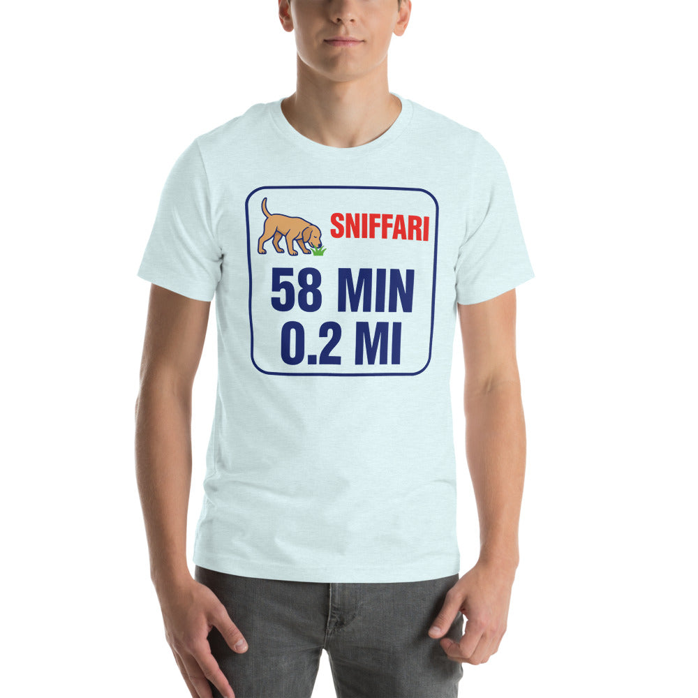 Sniff Walk Recap funny dog dad tee — Heather Ice Blue, on model
