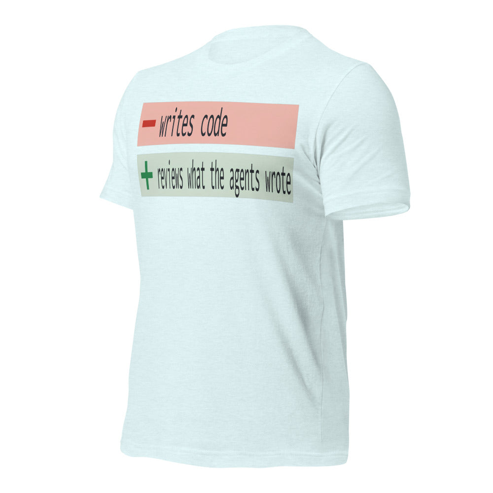 The Diff agentic AI engineer tee — Heather Ice Blue, front-right