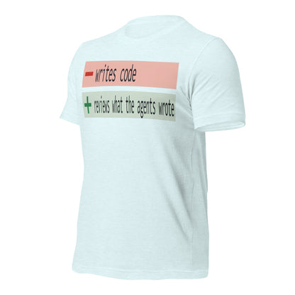 The Diff agentic AI engineer tee — Heather Ice Blue, front-right