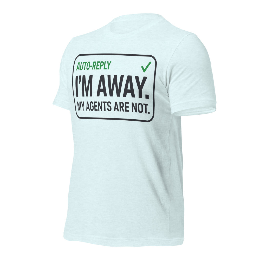 Auto-Reply agentic AI engineer tee — Heather Ice Blue, front-right