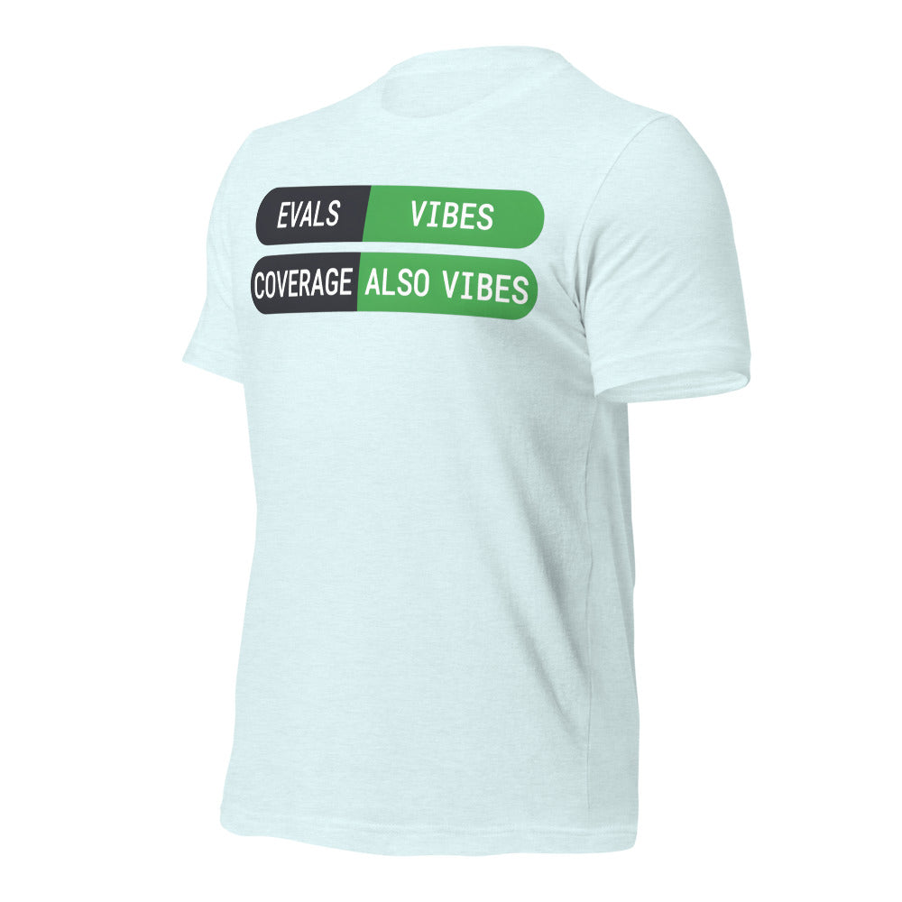 Eval Suite Vibes agentic AI engineer tee — Heather Ice Blue, front-right