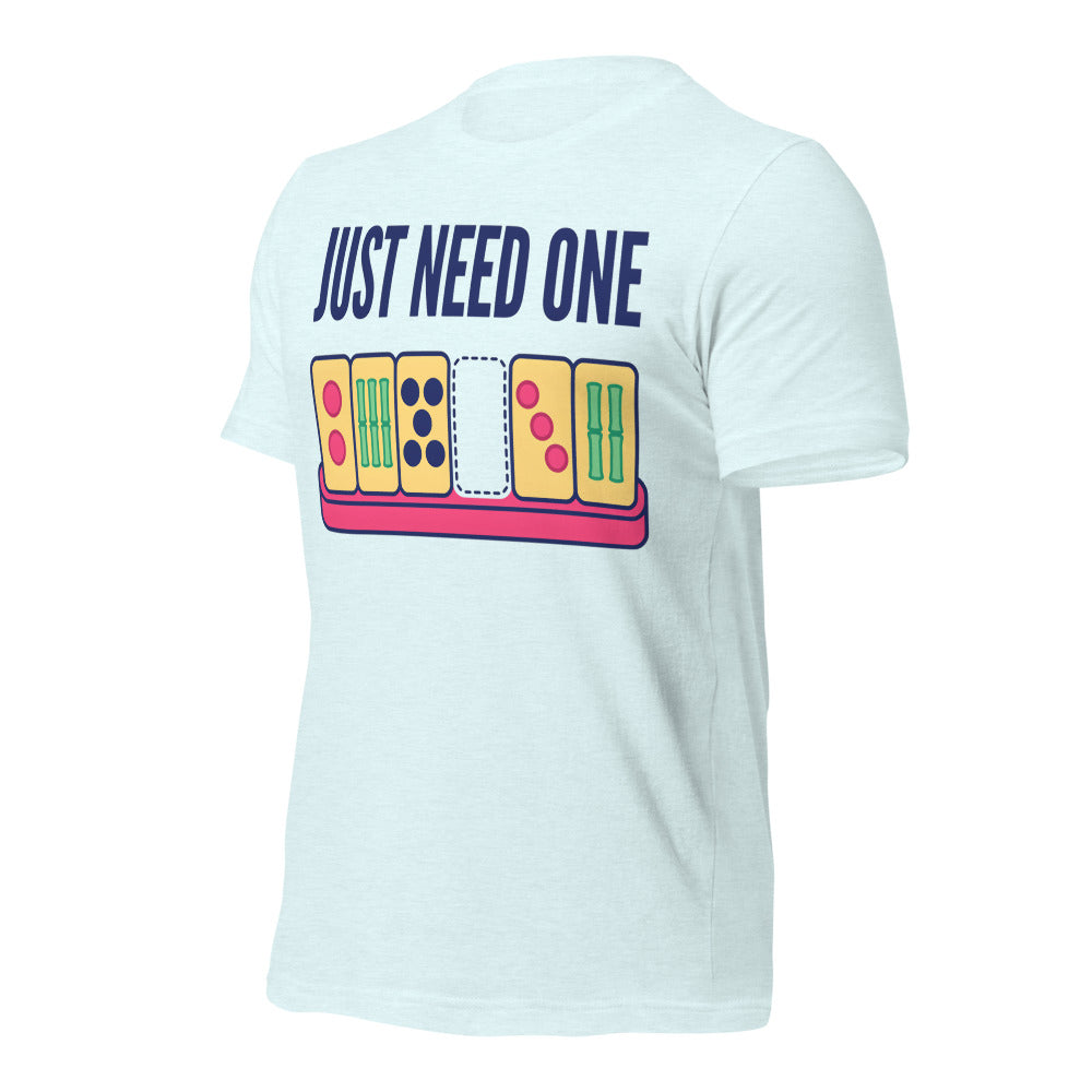 Just Need One funny mahjong tee — Heather Ice Blue, front-right