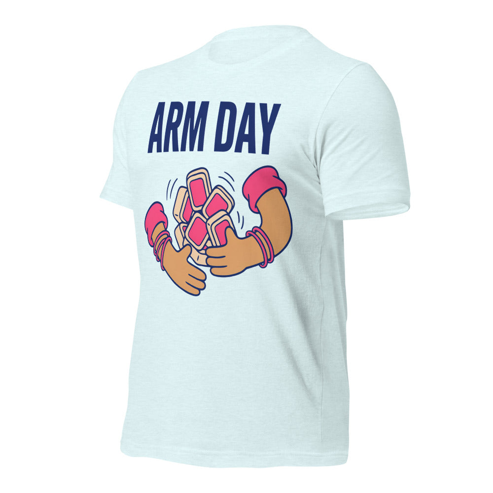 Arm Day funny mahjong tee — Heather Ice Blue, front-right