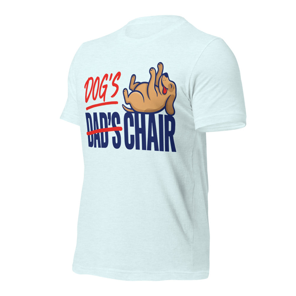Dog's Chair funny dog dad tee — Heather Ice Blue, front-right