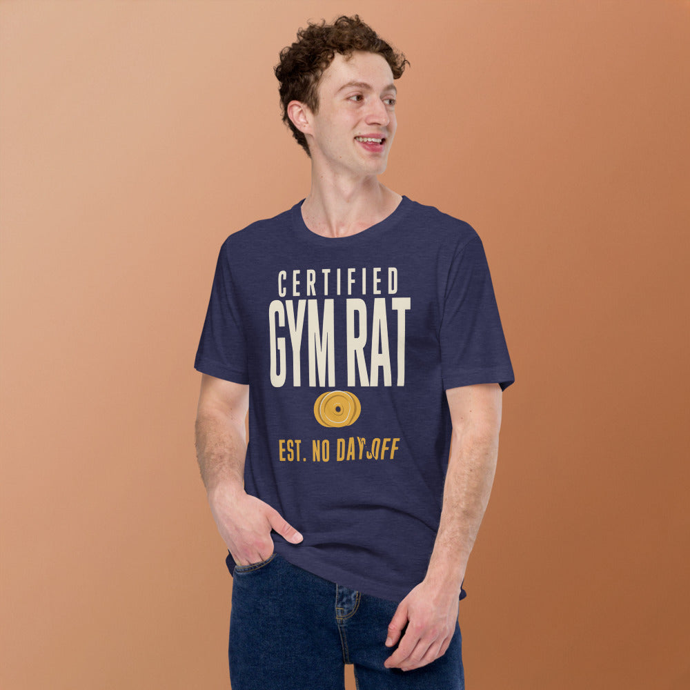 Certified Gym Rat vintage athletic tee — Heather Midnight Navy, on model