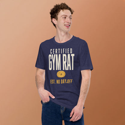 Certified Gym Rat vintage athletic tee — Heather Midnight Navy, on model