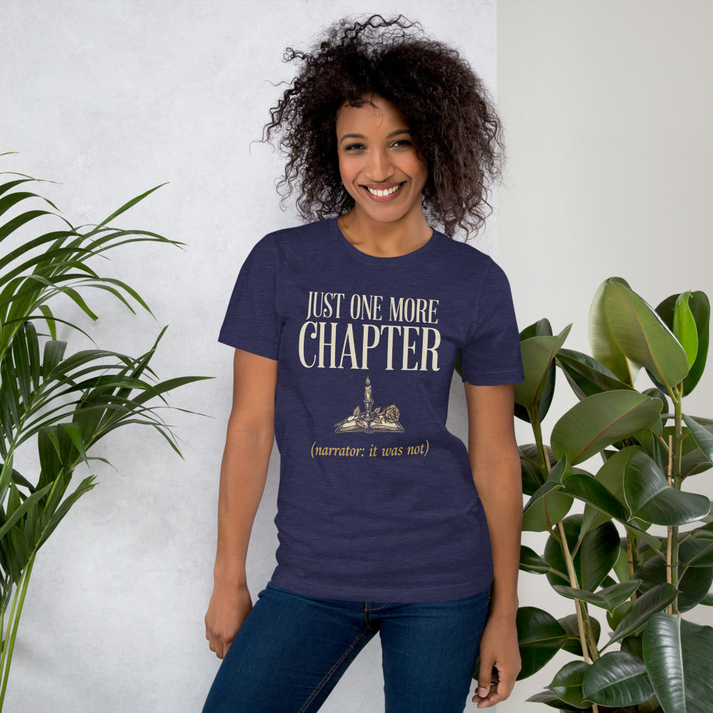 Just One More Chapter book lover dark academia tee — Heather Midnight Navy, on model