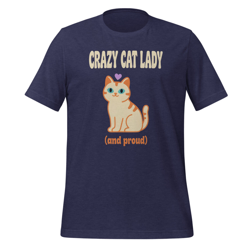 Crazy Cat Lady and Proud retro Y2K tee — Heather Midnight Navy, front