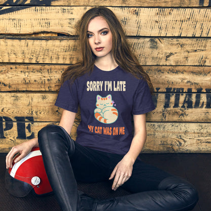 Sorry I'm Late My Cat Was On Me funny cat mom t-shirt — Heather Midnight Navy, on model