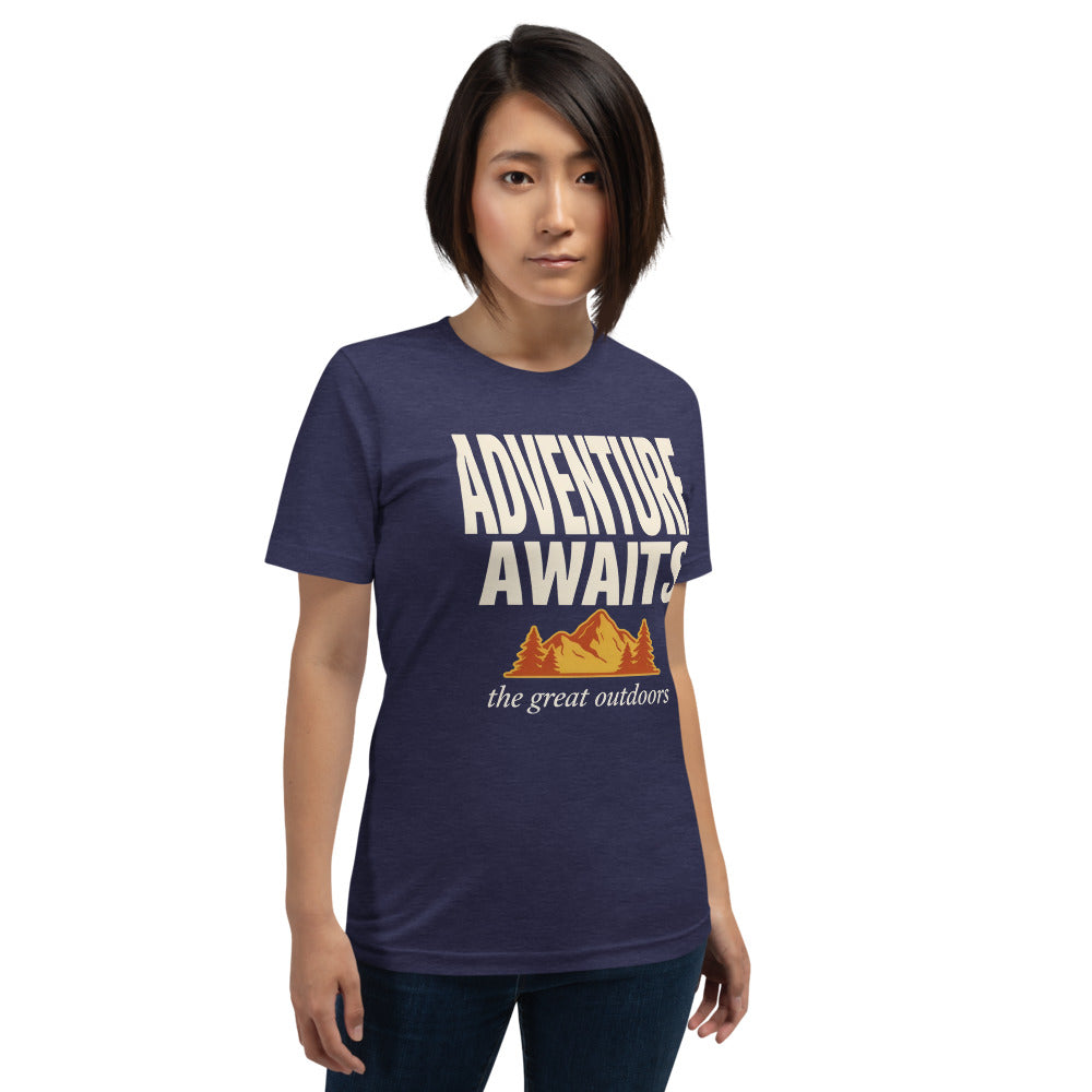 Adventure Awaits retro outdoors typography tee — Heather Midnight Navy, on model