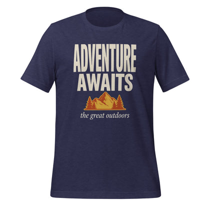 Adventure Awaits retro outdoors typography tee — Heather Midnight Navy, front