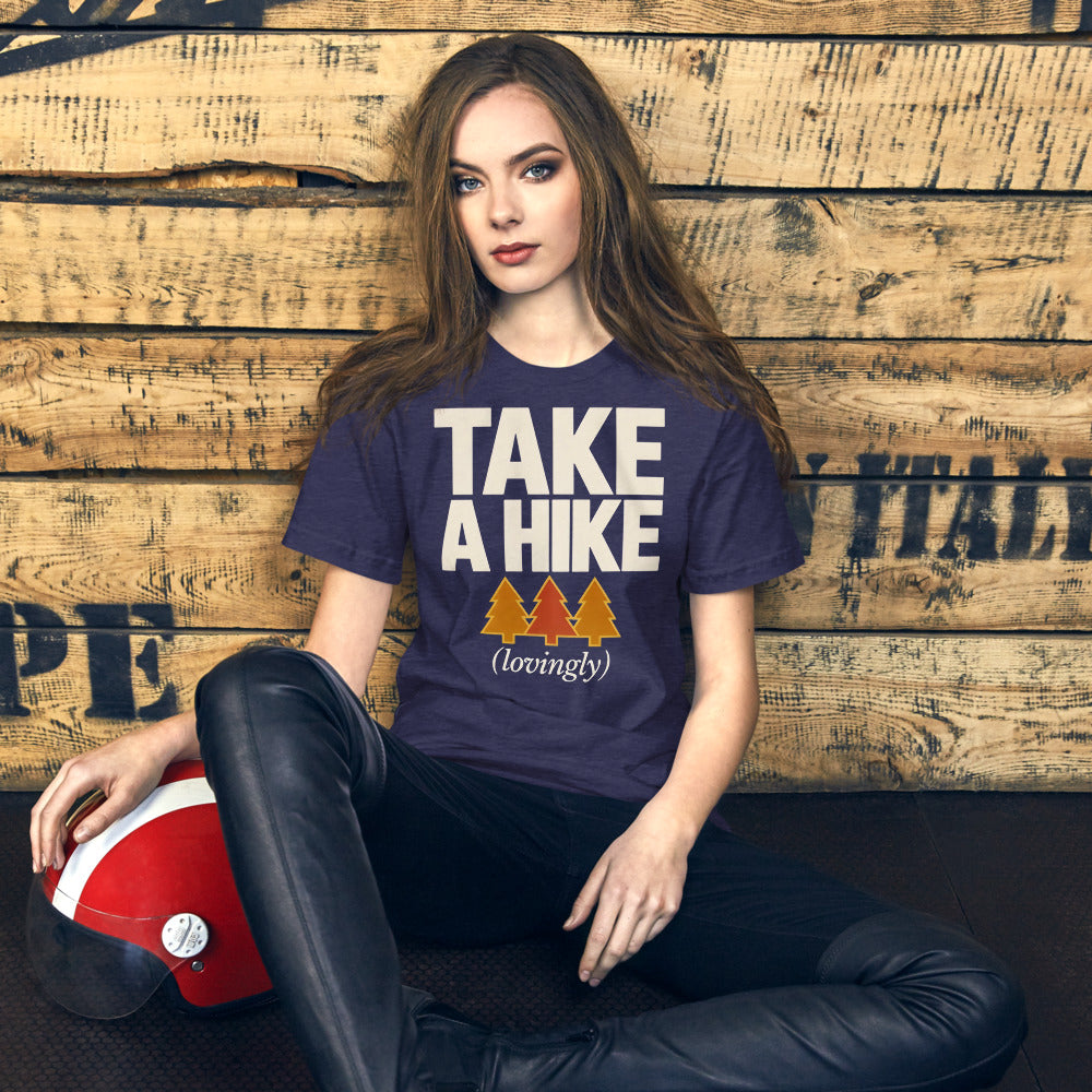 Take a Hike retro outdoors humor typography tee — Heather Midnight Navy, on model