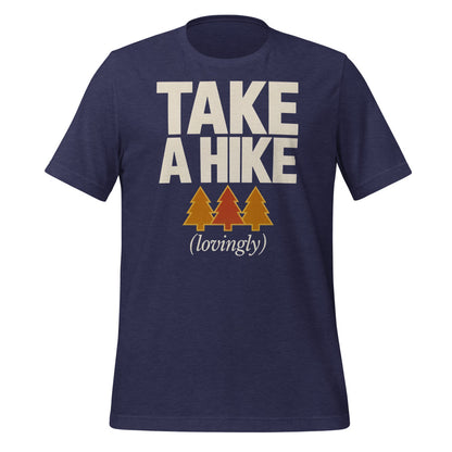 Take a Hike retro outdoors humor typography tee — Heather Midnight Navy, front