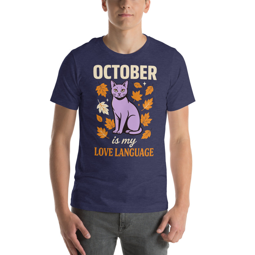 October Is My Love Language retro Halloween black cat tee — Heather Midnight Navy, on model