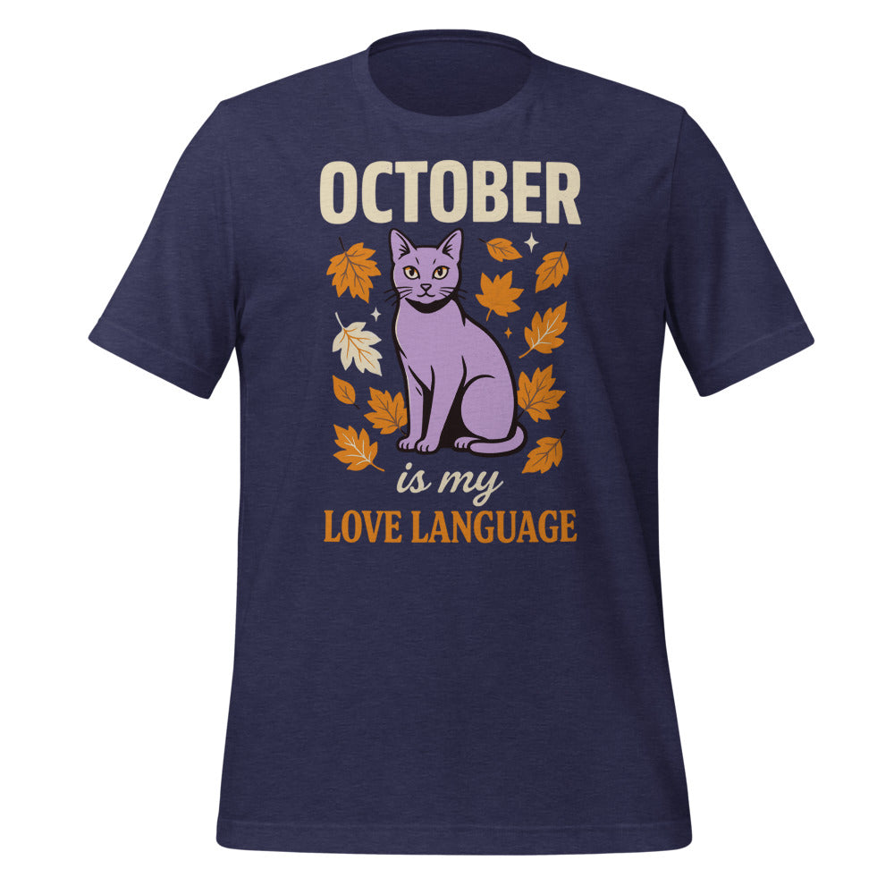 October Is My Love Language retro Halloween black cat tee — Heather Midnight Navy, front