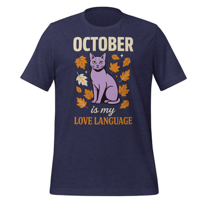 October Is My Love Language retro Halloween black cat tee — Heather Midnight Navy, front