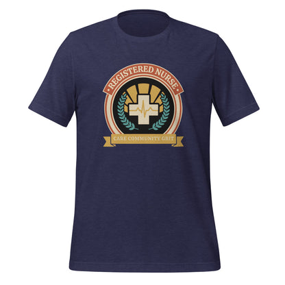Registered Nurse vintage healthcare emblem badge tee — Heather Midnight Navy, front