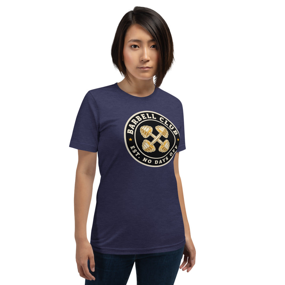 Barbell Club No Days Off vintage gym tee — Heather Midnight Navy, on model