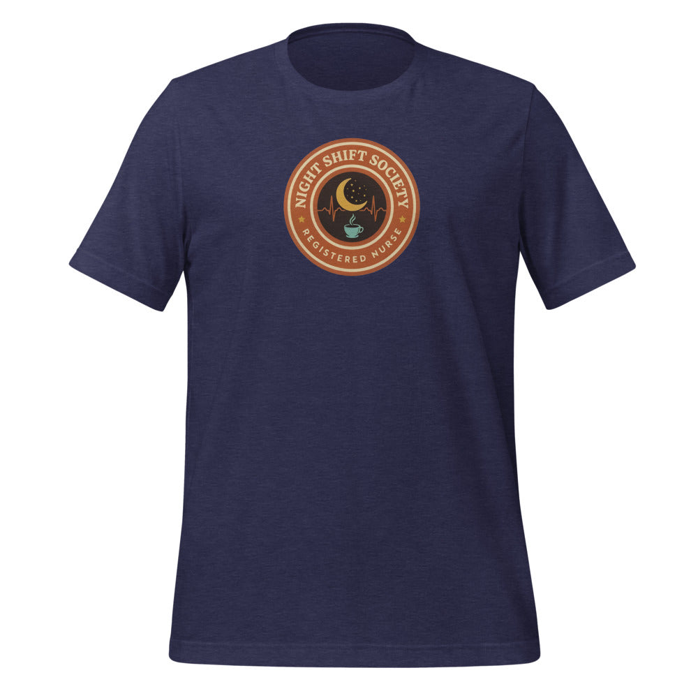 Night Shift Society retro registered nurse badge tee — Heather Midnight Navy, front