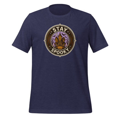 Stay Spooky retro Halloween vintage badge tee — Heather Midnight Navy, front