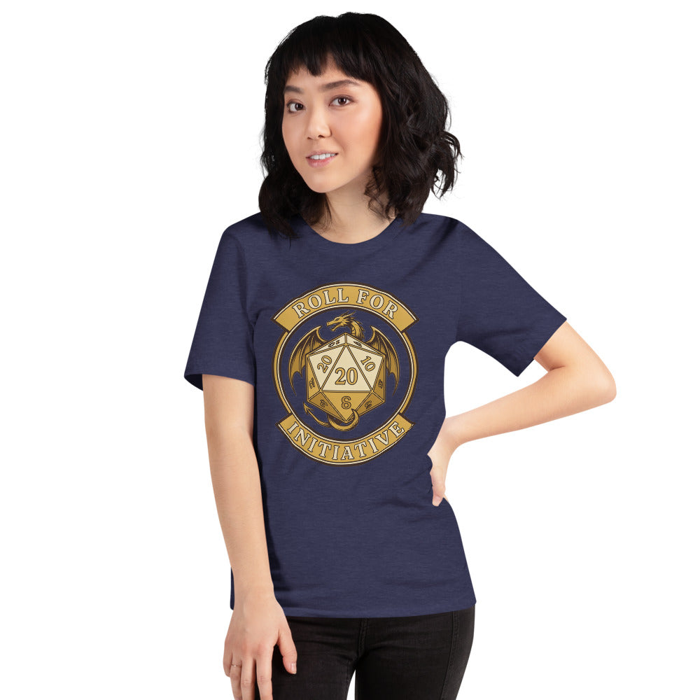 Roll For Initiative d20 dragon tabletop RPG tee — Heather Midnight Navy, on model