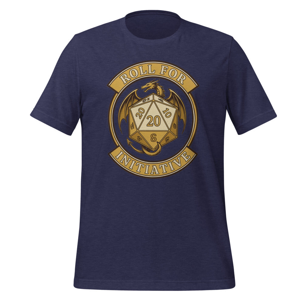 Roll For Initiative d20 dragon tabletop RPG tee — Heather Midnight Navy, front