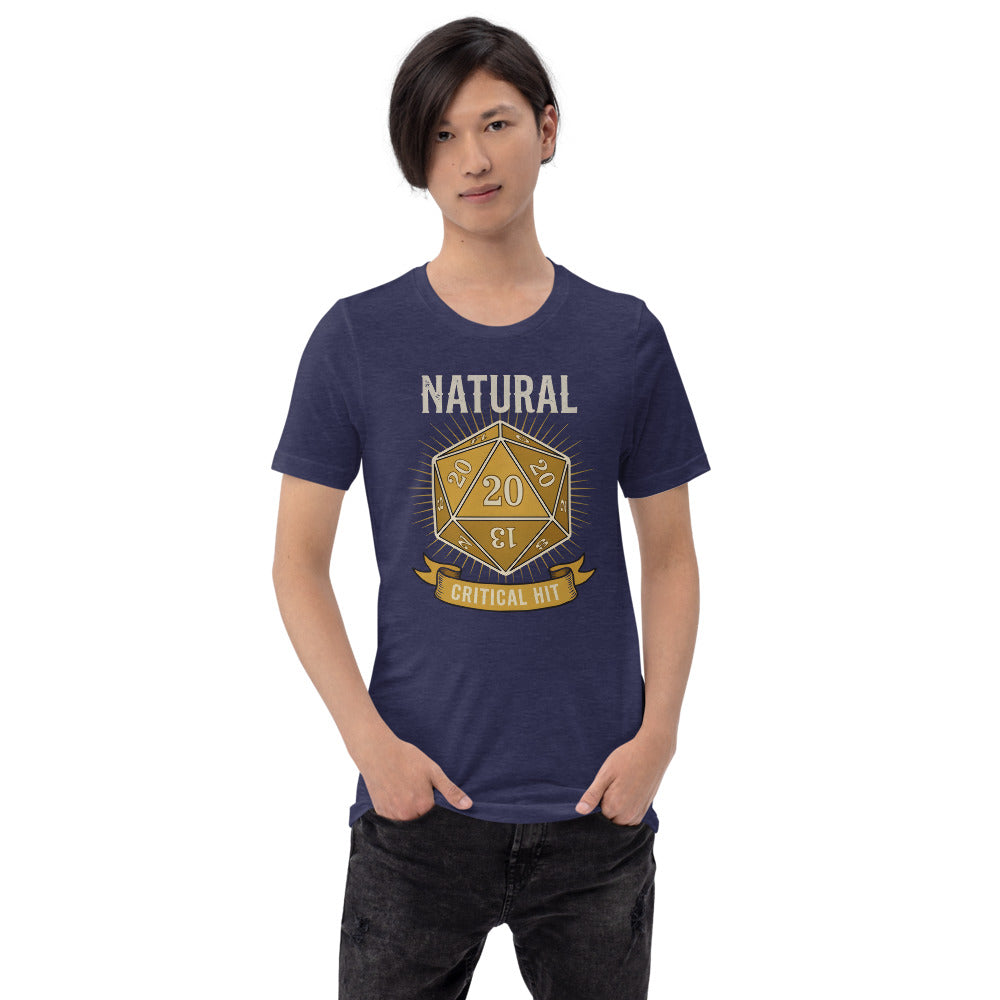Natural 20 critical hit d20 tabletop RPG tee — Heather Midnight Navy, on model