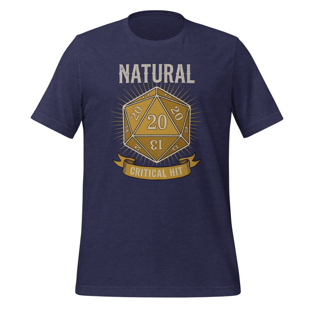 Natural 20 critical hit d20 tabletop RPG tee — Heather Midnight Navy, front
