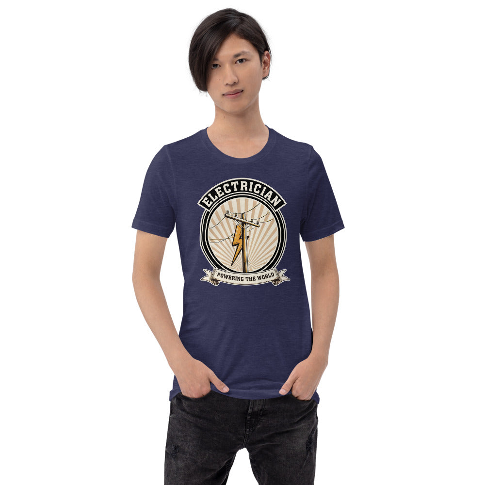 Powering The World electrician emblem tee — Heather Midnight Navy, on model