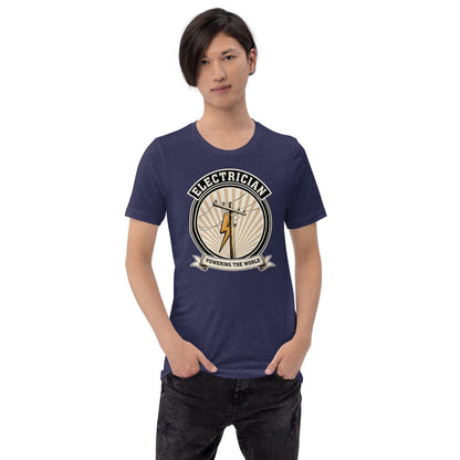 Powering The World electrician emblem tee — Heather Midnight Navy, on model