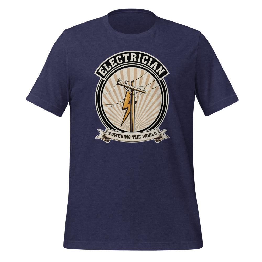 Powering The World electrician emblem tee — Heather Midnight Navy, front