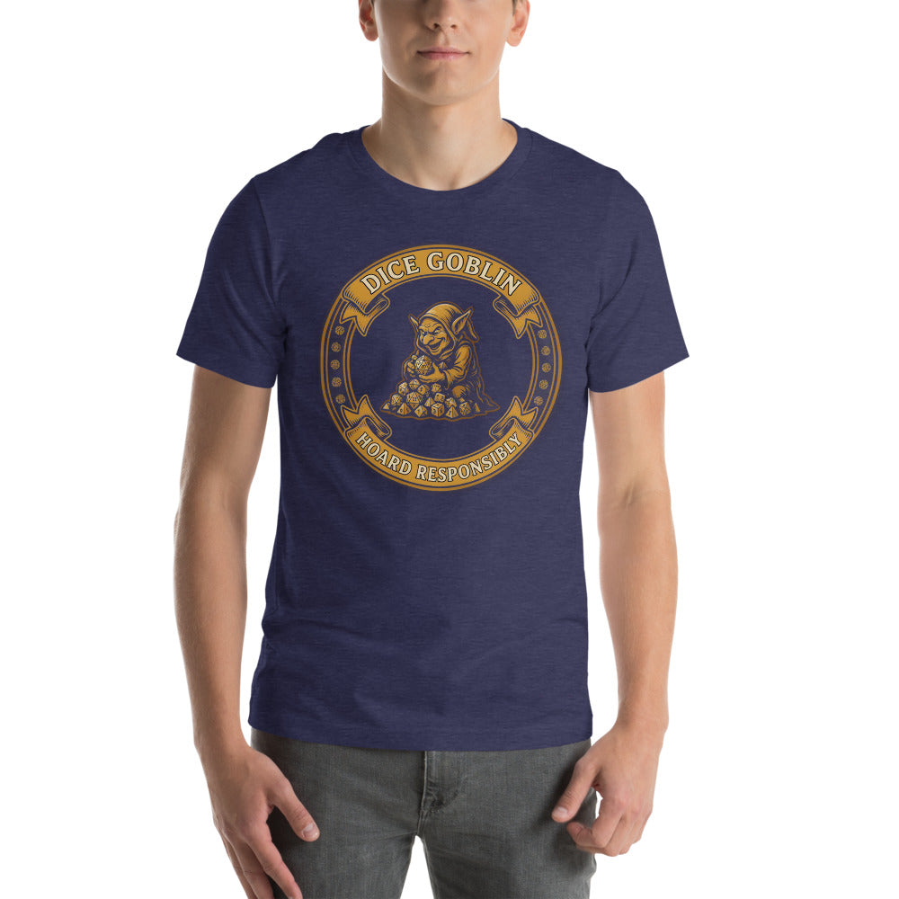 Dice Goblin Hoard Responsibly tabletop RPG tee — Heather Midnight Navy, on model