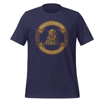 Dice Goblin Hoard Responsibly tabletop RPG tee — Heather Midnight Navy, front