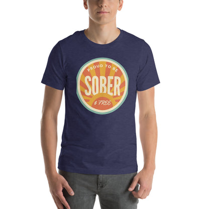 Sober & Proud retro sunburst tee — Heather Midnight Navy, on model