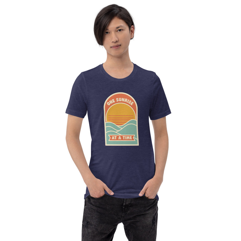 One Sunrise at a Time retro sunrise tee — Heather Midnight Navy, on model