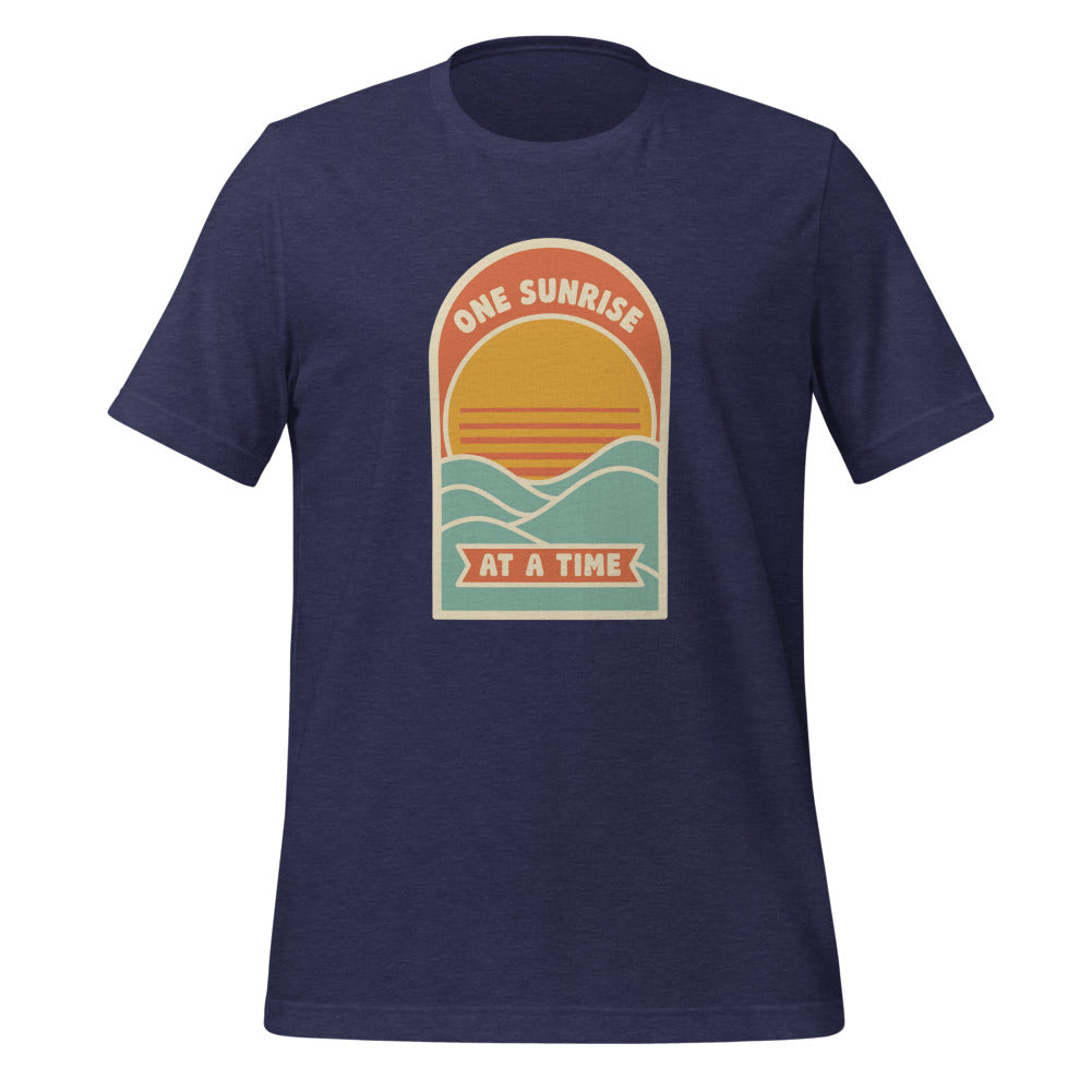 One Sunrise at a Time retro sunrise tee — Heather Midnight Navy, front