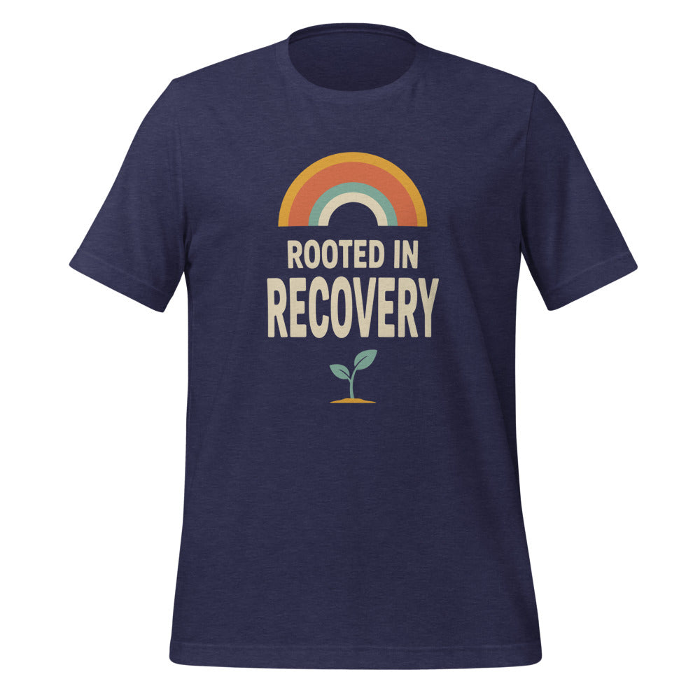 Rooted in Recovery retro rainbow tee — Heather Midnight Navy, front