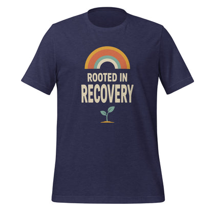 Rooted in Recovery retro rainbow tee — Heather Midnight Navy, front