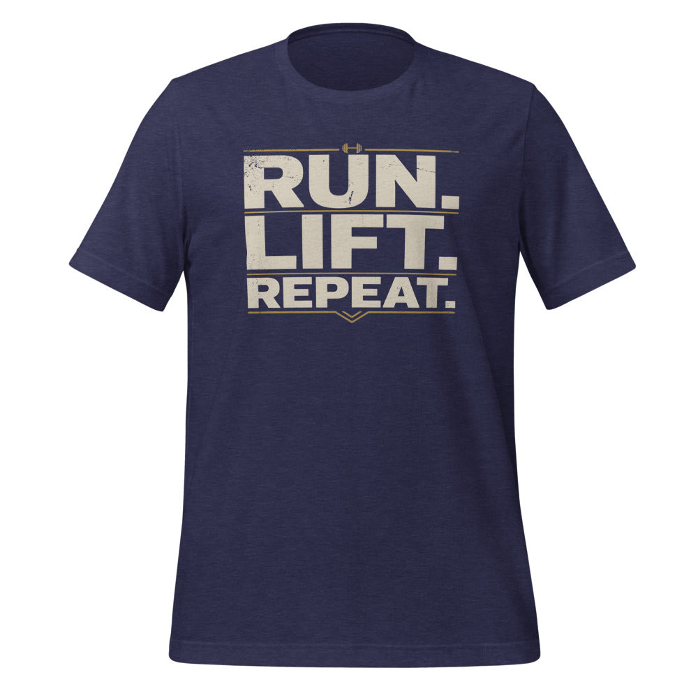 Run Lift Repeat vintage athletic tee — Heather Midnight Navy, front