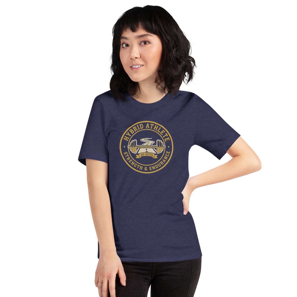 Hybrid Athlete vintage athletic-department crest tee — Heather Midnight Navy, on model