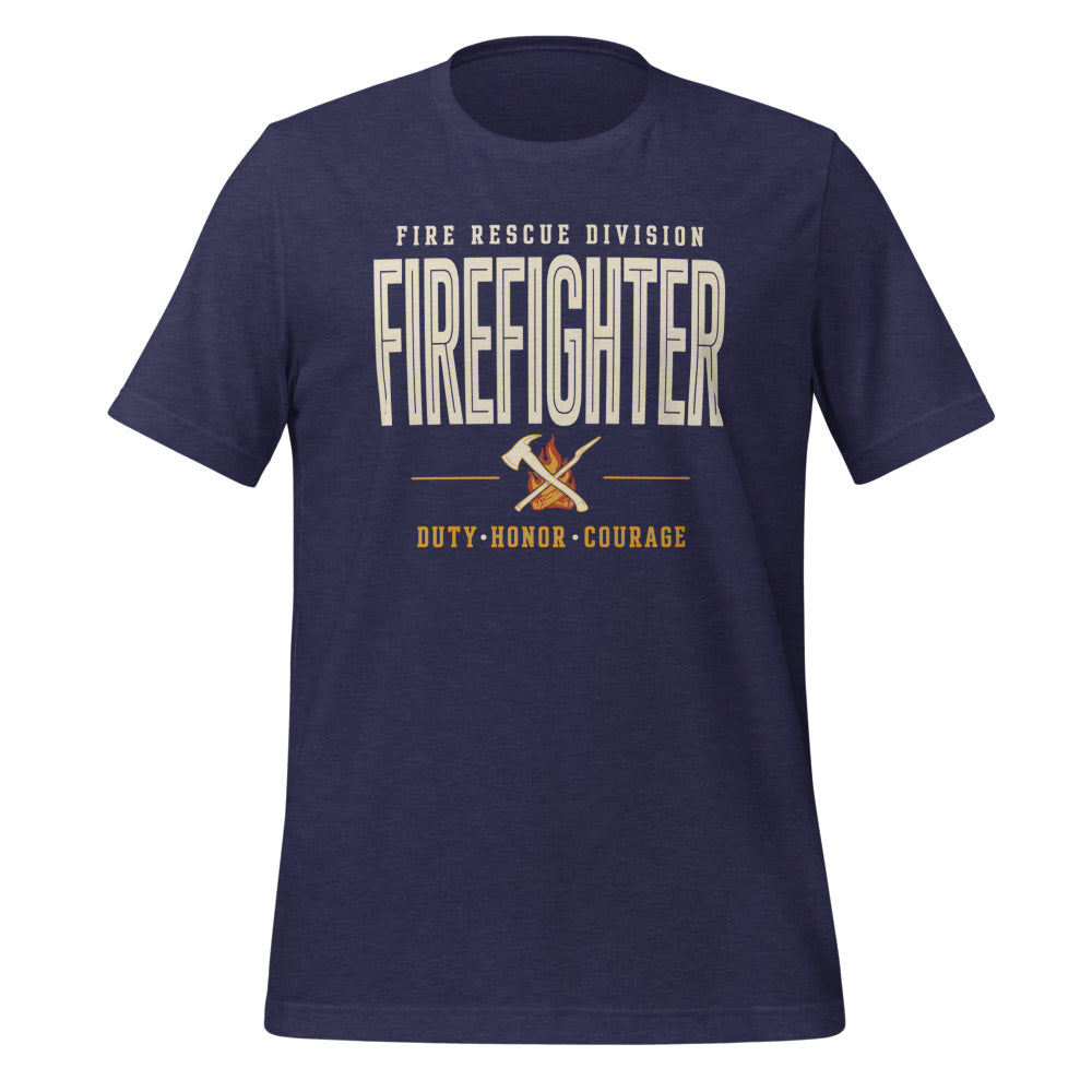 Firefighter collegiate wordmark retro fire-rescue tee — Heather Midnight Navy, front