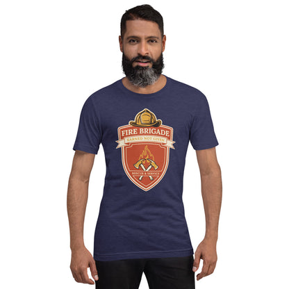 Fire Brigade Earned Not Given retro firefighter shield emblem tee — Heather Midnight Navy, on model