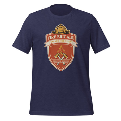 Fire Brigade Earned Not Given retro firefighter shield emblem tee — Heather Midnight Navy, front