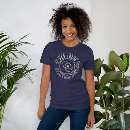 Vet Tech Crest retro veterinary technician tee — Heather Midnight Navy, on model